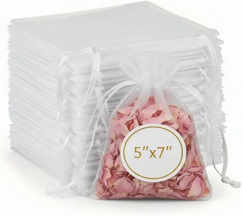 Sukh 100PCS Organza Bags 5''x7'' - Small Organza Sachet Jewelry Gift Favor Bags Drawstring Mesh Bags Gifts Valentines Wedding Eid Mubarak Halloween Eve Christmas New Year Party Candy Fruit Wrap Bulk White in Kuwait