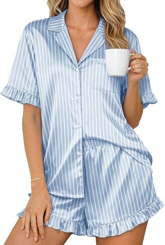 Ekouaer Womens Satin Pajamas لطيف كشكش الأكمام المطبوعة زر ملابس النوم أسفل مجموعة PJS الحرير in Saudi Arabia