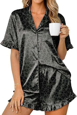 Ekouaer Womens Satin Pajamas Cute Ruffle Sleeve Printed Sleepwear Button Down Silk Pjs Set in Kuwait