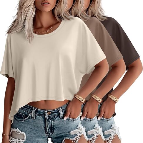 Huukeay 3 Pack Oversized Cropped T Shirts for Women Casual Short Sleeves Crop Tops Crew Neck Irregular Hem Baggy Tees in Kuwait