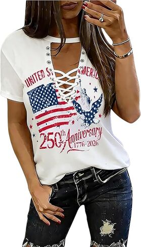 نحن الناس 1776 T Shirt Flag American Flag Tops Tops for Women 4th of July Ring Hole Hole Short Sexy V-Neck Tshirt in Saudi Arabia