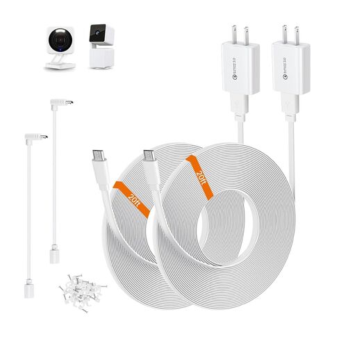 2-Pack 30ft Power Cable for Wyze Cam v4,Wyze Cam Pan v3,Wyze OG,Wyze Cam v3 Pro Security Cameras - 9m Long Flat Extension Micro USB Charging Cord with L-Shaped Short Adapter & 18W Fast Charger, White in Kuwait