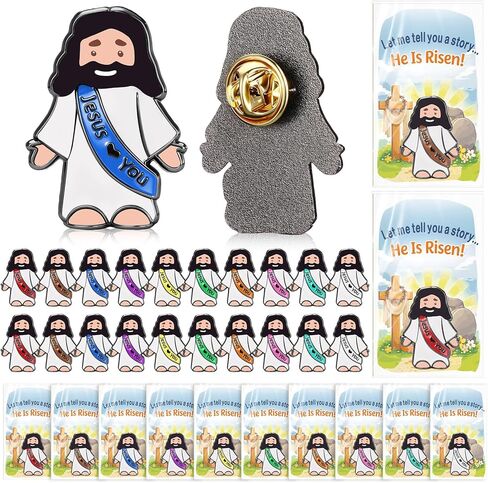 24 Set Easter Mini Jesus Figures Pins with Love You Cards, Pocket Jesus Religious Easter Day Badges Christian Church Lapel Pins, Sunday School Baptism Gifts Party Favors in Kuwait