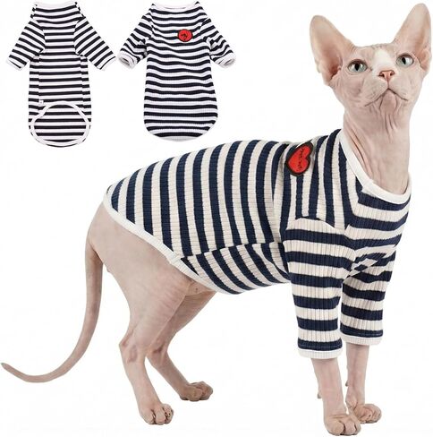 DENTRUN Hairless Cats Shirt Breathable Cat Daily Wear Clothes Stripe Vest Adorable Pajamas Jumpsuit Soft & Skin-Friendly in Kuwait