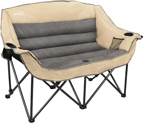 كرسي تخييم مبطن بالكامل لشخصين، كرسي تخييم كبير الحجم، كرسي تخييم مزدوج، كرسي تخييم مزدوج للبالغين، أريكة للتخييم في الهواء الطلق شديدة التحمل، مقاعد مبطنة ومساند للذراعين، 600 رطل، بيج in Kuwait