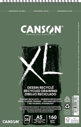 Canson XL Recycled Drawing 160gsm A4 Paper, Fine Honeycomb Grain, Spiral Pad Short Side, 50 White Sheets, Ideal for Professional Artists & Illustrators in Kuwait