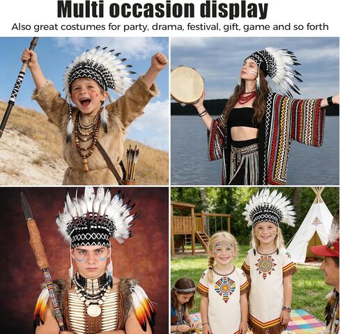 Ruiqas Native American Headdress, Indian Style Feather Headdress with Elastic Band for Kids Adults Party Photo Props Party Home Decor in Kuwait