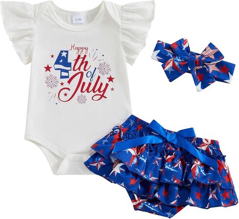 4th of July Baby Girl Outfits First Independence Day Fly Sleeve Romper Stars Stripe Short My 1st Fourth of July Outfit in Saudi Arabia