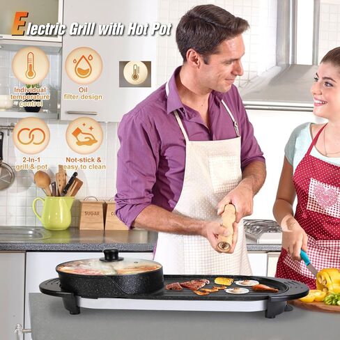 1500W Electric Indoor Grill,2 in 1 Smokeless Indoor Grills,Portable Korean BBQ Raclette Table Grill for Kitchen with Grill Net & Non-Stick Cooking Removable Plate 5 Temperature Control,Dishwasher Safe in Kuwait