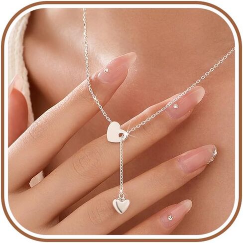 SUYACS 925 Sterling Silver Lariat Big Love Heart Necklaces for Women Double Heart Y Necklace Trendy Simple Minimalist Drop Dangle Chain Pendant Choker Necklace Jewelry for Mom Wife Daughter in Kuwait
