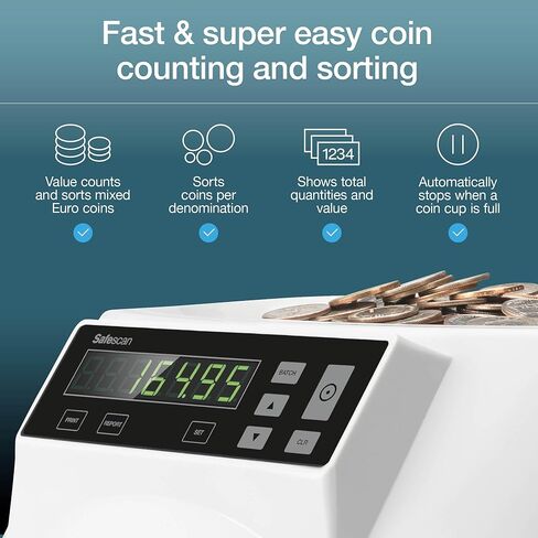 Safescan 1250 USD Coin Counter That Quickly Value Counts and Sorts Mixed USD Coins - Coin Sorter That Sorts Coins per Denomination - Money Counting Machine for Continuous Coin Counting in Kuwait