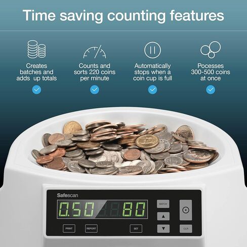 Safescan 1250 USD Coin Counter That Quickly Value Counts and Sorts Mixed USD Coins - Coin Sorter That Sorts Coins per Denomination - Money Counting Machine for Continuous Coin Counting in Kuwait