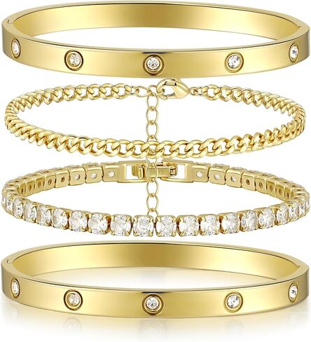 Kainier Gold Bracelets Sets for Women 4pcs Love Bangle Bracelet Cubic Zirconia Tennis Cuban Chain Stacking Gift for Love Gold/Silver in Kuwait