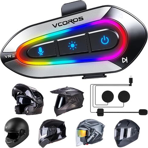 سماعة خوذة دراجة نارية VCOROS مع مصابيح RGB المبهرة من 16 نوعًا ، مكبرات صوت خوذة دراجة نارية VR2 مع نظام الإجابة التلقائي/نظام الضوضاء المزدوج/AI Voice/Call Control/IPX6 (microphone hard) in Saudi Arabia