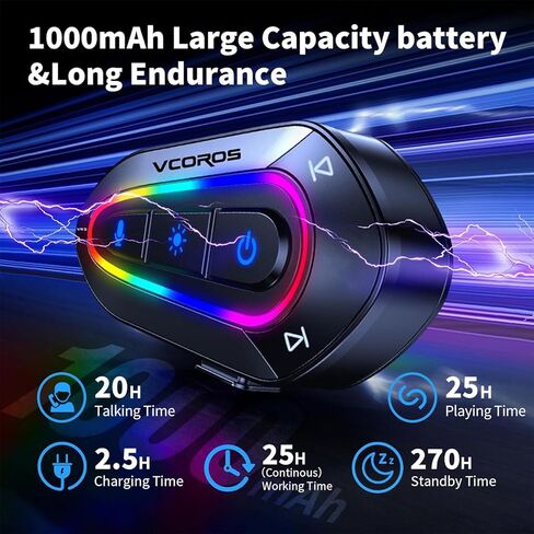 سماعة خوذة دراجة نارية VCOROS مع مصابيح RGB المبهرة من 16 نوعًا ، مكبرات صوت خوذة دراجة نارية VR2 مع نظام الإجابة التلقائي/نظام الضوضاء المزدوج/AI Voice/Call Control/IPX6 (microphone hard) in Saudi Arabia