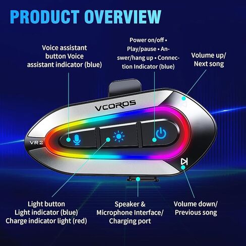 سماعة خوذة دراجة نارية VCOROS مع مصابيح RGB المبهرة من 16 نوعًا ، مكبرات صوت خوذة دراجة نارية VR2 مع نظام الإجابة التلقائي/نظام الضوضاء المزدوج/AI Voice/Call Control/IPX6 (microphone hard) in Saudi Arabia