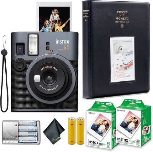 FujiFilm Instax Mini 41 Instant Film Camera Bundle with 2X Fuji Instax-Instant-mini Film Value Pack (40 Sheets) + 4X Rechargeable AA Batteries with Charger + Photo Album – 64 Pockets + More in Kuwait