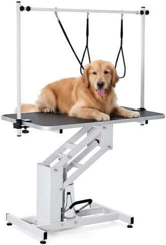 43.3" Hydraulic Dog Grooming Table for Pet, Heavy Duty Structural Hydraulic Max Load 350Lbs Professional Pet Grooming Table with Adjustable Overhead Arm & Noose Height Range 22''-39'' (WHITE) in Kuwait