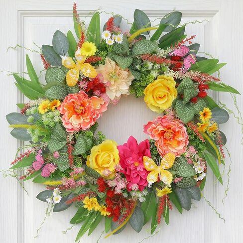 ChrisXiao Spring Wreaths for Front Door 24 Inch Artificial Butterfly Wreath with Butterflies, Peony, Dahlia,for Spring/Summer Porch, Entryway, Mantel, Wall, Farmhouse, Patio & Home All-Year Decor in Kuwait