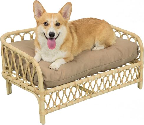 DBD1005A Elevated 27.5" x 17" Bohemian Handwoven Rattan Dog Daybed with Machine-Washable Cushion, Natural in Kuwait