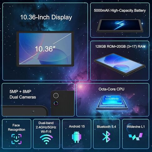 Tablet ، 10.36 '' Android 14 tablet with 16GB RAM 128GB ROM 1TB TF CARD قابلة للتوسيع ، أو ثماني النواة ، Widevine L1 ، 1280 * 800 HD HD ، معرف الوجه ، Wi-Fi 6 ، شحن سريع in Kuwait