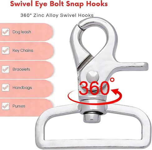 BIKICOCO 1-1/2'' Swivel Trigger Snap Hook Lobster Claw Clasp Spring Loaded Clip, Flat-D-Ring Ended, Silver - Pack of 10 in Kuwait