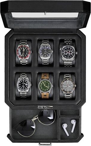 ROTHWELL 8 Slot Leather Watch Box with Valet Drawer - Luxury Watch Case Display Jewelry Organizer, Locking Watch Display Case Holder with Real Glass Top - Watch Box Organizer for Men & Women (Carbon) in Kuwait