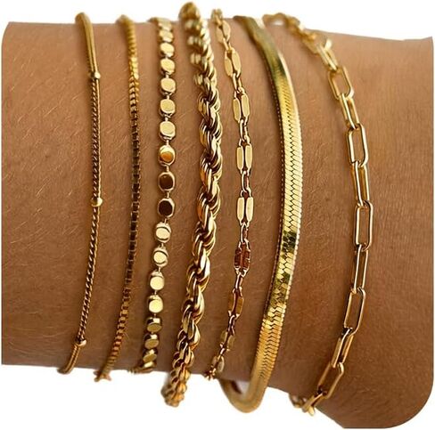 Gold Bracelets for Women,Dainty 14K Gold Plated Stack Set Trendy Stackable non tarnish Paperclip Chain Bracelets Gold Jewelry Sets Gifts for Women in Kuwait