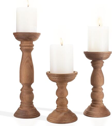 Farmhouse Wooden Candle Holders for Pillar Candles Set of 3, Rustic Wood Candle Holder Table Centerpiece Decor, 12'' 9'' 6'' Vintage Tall Candle Stand Decorative, Brown in Kuwait