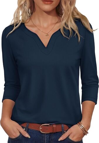 yucolen 3/4 قمم الأكمام للنساء Henley T Shirts v Neck Tunic Blouses غير الرسمية Tees S-XXL in Kuwait