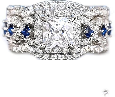 Lresjjiuj Sterling Silver Stones خواتم الزفاف 3pcs محاكاة الأزرق الياقوت الأميرة Cut Zirconia CZ خاتم للنساء ، Rhodium مطلي 10 in Kuwait