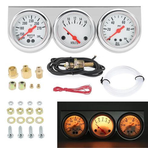 Triple Gauge Set (8-16V Volt Meter +100-250℉ Water Temperature Gauge+ 0-100 psi Oil Pressure Gauge) 2'' 52mm 3 in1 Car Auto Gauge Kit Dashboard Black Console for 12V Cars (Black) in Kuwait