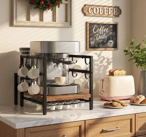 HOOBRO Coffee Pod Holder Organizer for Counter, K Cup Holder, 35 Pods Capacity Storage Organizer with 8 Removable S Hooks, for Syrup, Mugs Rack, Coffee Maker Stand, Rustic Brown and Black BF01CR01 in Kuwait