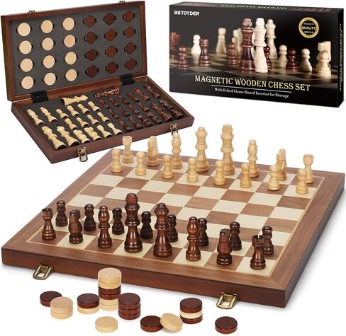 2 in 1 Magnetic Wooden Chess and Checkers Board Game Set, 15" Folding Chess Boards with 2 Extra Queens, Portable Travel Chess Sets with Pieces Storage Slots, Beginner Chess Game Set for Kids, Adults in Kuwait