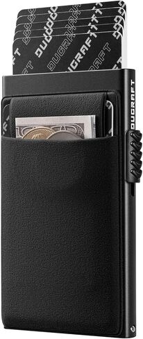 DUGRAFT Credit Card Holder with Money Pocket Mens Minimalist Slim Aluminum Metal Pop Up Wallet for Men RFID Blocking Business Card Holder with Gift Box, Holds 5-7 Cards and Cash, Black in Kuwait