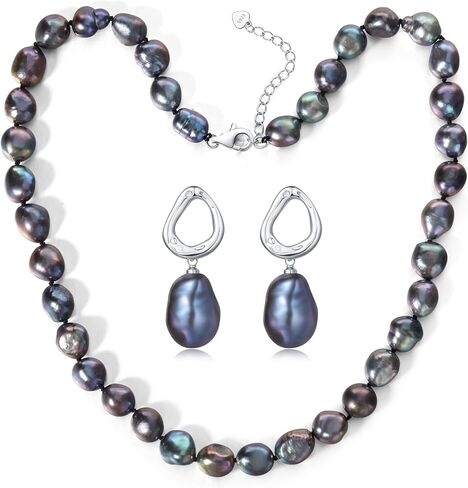 Baroque Pearl Strand Necklace - 8-9.5MM Cultured Pearls, 925 Sterling Silver Clasp, Timeless Anniversary or Mother's Day Gift, 18+2IN Adjustable Chain, Elegant Options in Black, Grey, or White in Kuwait