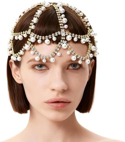 GorgeCraft White Pearl Cap Cappiece 1920s chain chain chain beads tassel mesh bridead chain argelry esconsory for women wedding party belly cosplay comband in Saudi Arabia