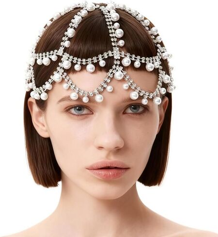 GorgeCraft White Pearl Cap Cappiece 1920s chain chain chain beads tassel mesh bridead chain argelry esconsory for women wedding party belly cosplay comband in Kuwait