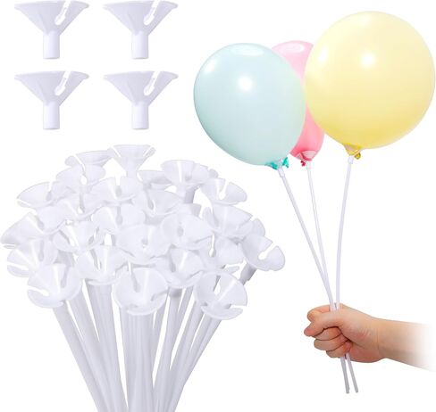 Pllieay 50 Pieces Plastic White Balloon Sticks with Cups for Party, Valentine's Day, Wedding, Anniversary Decoration in Kuwait