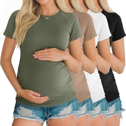 4 Pack Women's Maternity Shirts Raglan Short Sleeve Maternity Top Crew Neck Casual Pregnancy Clothes in Kuwait