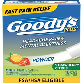 غودي تخفيف الصداع بالإضافة إلى مسحوق اليقظة العقلية ، نكهة الحمضيات في الفراولة ومسحوق الكافيين ، حزم تخفيف الألم ، 16 عدد in Kuwait