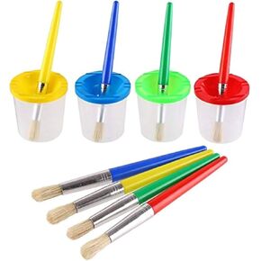 DIYASY 4 Pcs Kids No Spill Paint Cups and 4 Round Paint Brushes 4 Colors Spill Proof Paint Cups for Children’ Art Class and Home. in Kuwait