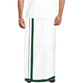 Men's Cotton White Double Dhoti/Mundu/Sarong/Lungi with 1 inch Color Border in Saudi Arabia