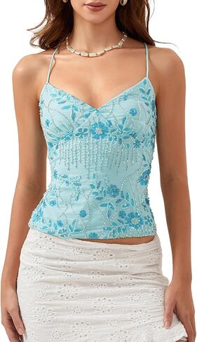 Women Y2K Sequin Cami Top Sexy V Neck Open Back Criss Cross Straps Tank Cute Sparkle Backless Low Cut Summer Crop Tops in Kuwait