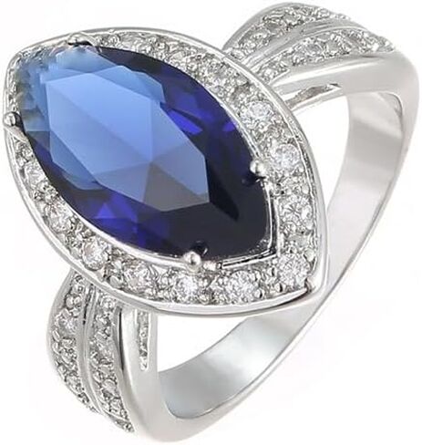 FZO Fashion Womens 925 Sterling Silver Marquise Ring Shiny Horse Eye Sapphire Ring CZ Pink Zircon Diamond Blue Gemstone Promise Ring Eternity Engagement Wedding Band Ring for Women ST.265 in Kuwait