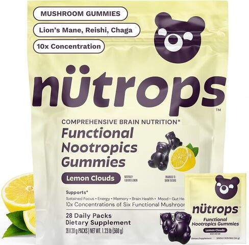 Nütrops Mushroom Gummies - Herbal Brain Supplement Gummy with Lions Mane, Cordyceps, Reishi, Maitake, Chaga & Coriolus Blend for Energy, Brain Health, Memory, Mood & Focus- Functional Nootropics in Saudi Arabia