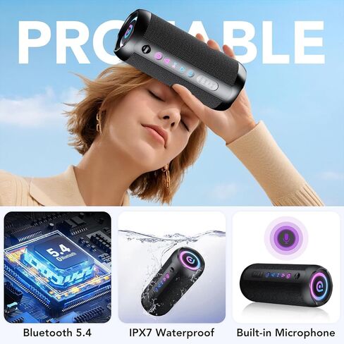 Portable Bluetooth Speakers, IPX7 Waterproof Speaker Bluetooth Wireless, 30W Loud Stereo Sound, 30H Playtime, RGB Lights, TWS Pairing, Portable Speaker Bluetooth 5.4 for Outdoor/Home/Party, Gift Ideas in Kuwait