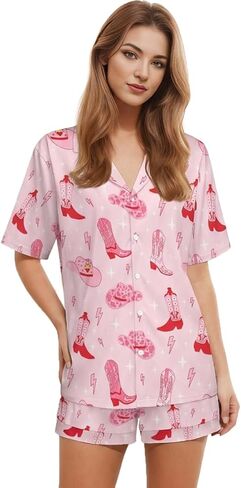 Women Pajamas Shorts Sets Wild West Rodeo Cowboys PJs 2 Piece Button Down Shirt Lounge Pants Set in Saudi Arabia