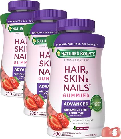 Nature's Bounty Optimal Solutions Advanced Hair, Skin and Nails Pectin Gummies, 2X Biotin Per Serving, Made with Fruit Pectin, No Stick Gummy, Vegetarian Formula, Non-GMO, Strawberry Flavor, 200 ct in Kuwait