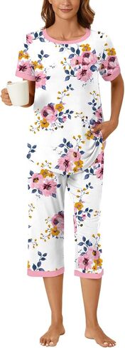 Bestbee Womens Pajama Set, 2 Piece Lounge Outfit Sleepwear Set Crew Neck T-Shirt Capri Pant With Pockets Ladies Pjs in Kuwait